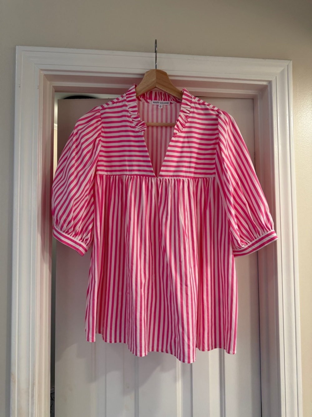 Mary Square Striped Pink and White V-Neck Peasant Tunic by Mary Square